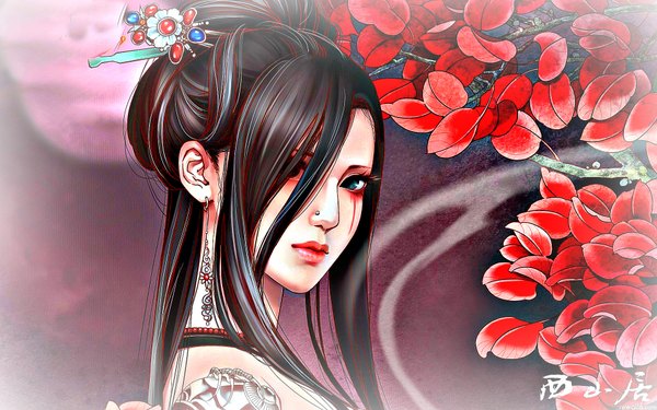 Anime picture 1920x1200 with original zhang xiao bai single long hair fringe highres black hair wide image green eyes lips hair over one eye realistic grey eyes piercing hieroglyph girl hair ornament plant (plants) earrings tree (trees)