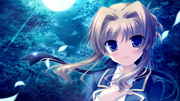 Anime picture 2048x1152 with midori no umi chisha yukie (peach candy) long hair highres blue eyes brown hair wide image game cg night girl moon