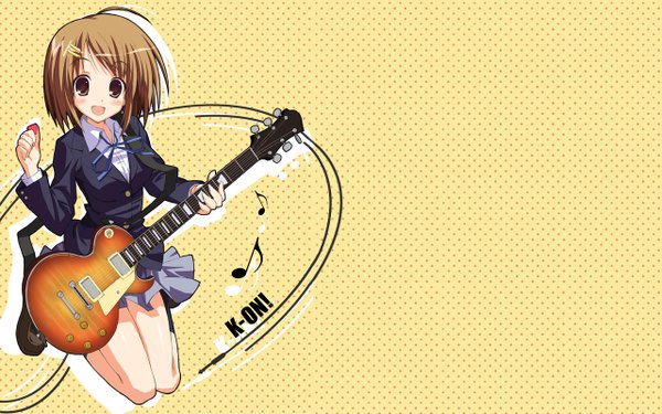 Anime picture 1280x800 with k-on! kyoto animation hirasawa yui saeki nao single looking at viewer short hair open mouth brown hair wide image brown eyes :d wallpaper copyright name polka dot jumping third-party edit yellow background polka dot background extended