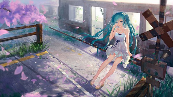 Anime picture 1280x720 with vocaloid hatsune miku sombernight single long hair looking at viewer blue eyes wide image sitting twintails bare shoulders full body outdoors from above wind sunlight aqua hair cherry blossoms hand on headphones railroad crossing
