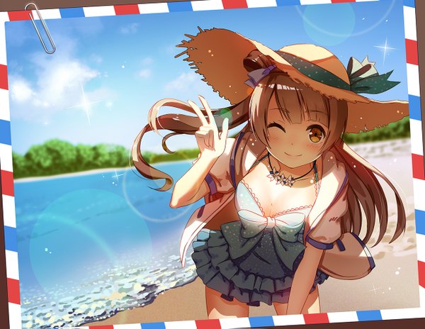 Anime picture 1300x1007 with love live! school idol project sunrise (studio) love live! minami kotori zhanzheng zi single long hair blush fringe breasts smile brown hair standing brown eyes sky cleavage cloud (clouds) outdoors blunt bangs one eye closed