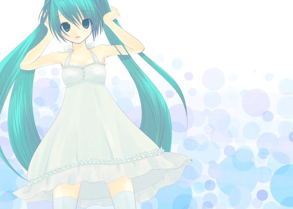 Anime picture 2048x1465 with vocaloid hatsune miku yuki (snowybugloss) single long hair looking at viewer fringe highres hair between eyes twintails aqua eyes aqua hair arms up sleeveless girl thighhighs dress white thighhighs white dress