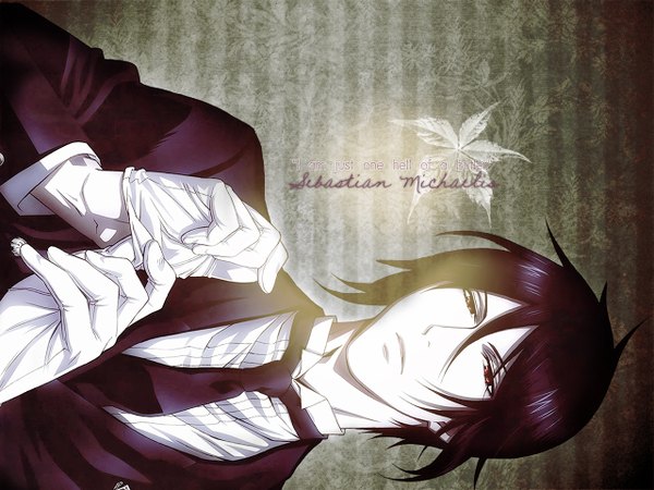 Anime picture 1280x960 with kuroshitsuji a-1 pictures sebastian michaelis single looking at viewer short hair black hair red eyes inscription striped background butler adjusting gloves boy gloves necktie suit