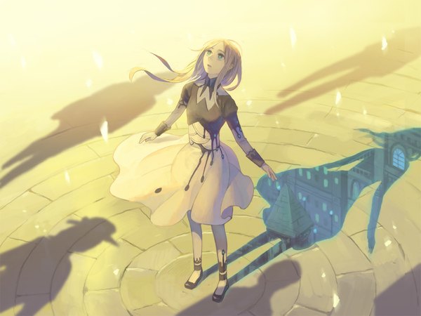 Anime picture 1000x751 with original hiko (scape) single long hair fringe open mouth blonde hair standing from above shadow grey eyes looking up spread arms glow girl dress shoes