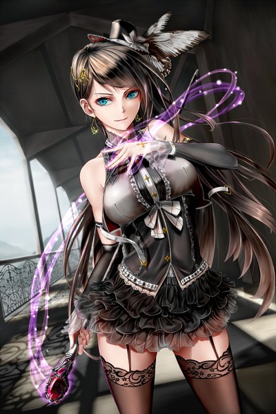 Anime picture 1200x1798 with chain chronicle sega shijiu (adamhutt) single long hair tall image looking at viewer blue eyes black hair bare shoulders girl thighhighs dress hair ornament black thighhighs hat detached sleeves earrings mini hat mini top hat