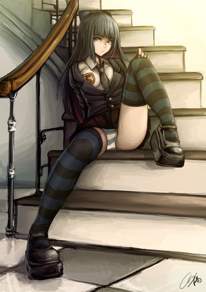 Anime picture 2480x3507 with panty & stocking with garterbelt anarchy stocking evan yang single long hair tall image highres light erotic black hair sitting looking away spread legs striped upskirt girl thighhighs underwear panties bow hair bow