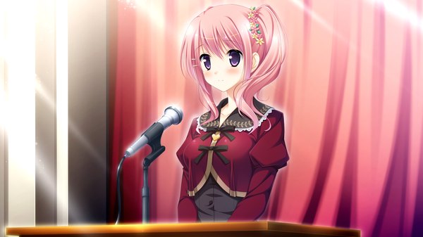 Anime picture 1920x1080 with sakura mau otome no rondo komine manami single long hair blush highres wide image purple eyes pink hair game cg ponytail side ponytail girl uniform school uniform microphone