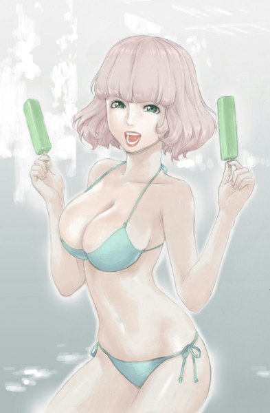 Anime picture 760x1158 with action idols: age of young dragons tagme (character) kim dong-hoon single tall image looking at viewer short hair breasts open mouth light erotic large breasts green eyes pink hair lips arms up midriff laughing girl navel swimsuit