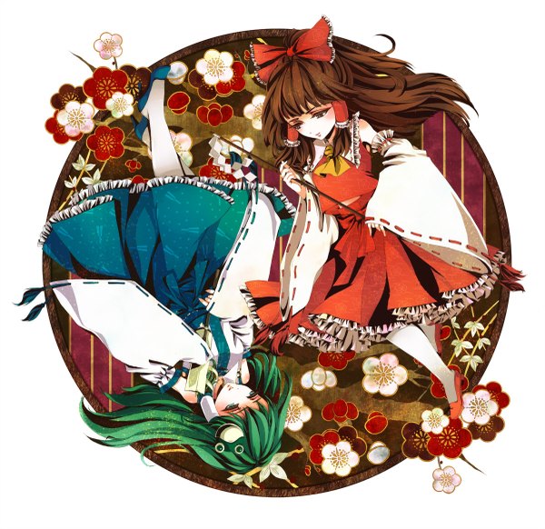 Anime picture 1200x1165 with touhou hakurei reimu kochiya sanae awa toka long hair brown hair multiple girls brown eyes green eyes green hair miko girl skirt hair ornament flower (flowers) bow 2 girls hair bow detached sleeves skirt set