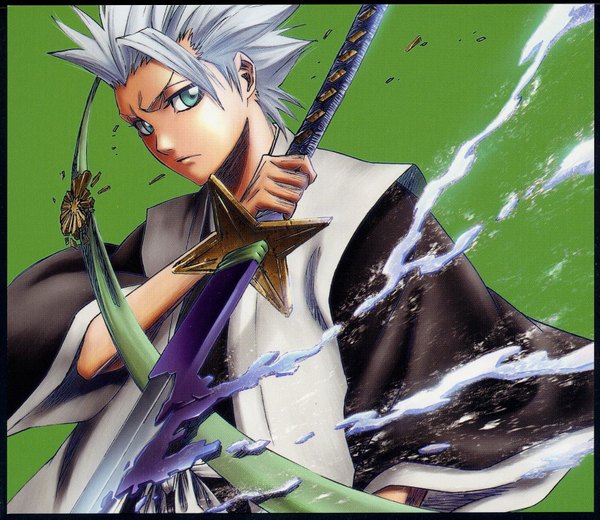Anime picture 1670x1450 with bleach studio pierrot hitsugaya toushirou single looking at viewer short hair simple background holding looking away silver hair white hair traditional clothes aqua eyes green background boy sword katana