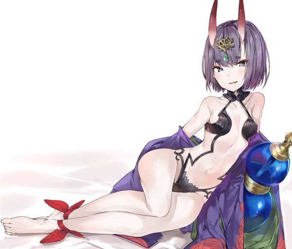 Anime picture 1500x1280 with fate (series) fate/grand order shuten douji (fate) silver (chenwen) single looking at viewer blush fringe short hair open mouth light erotic simple background smile white background sitting purple eyes purple hair full body bent knee (knees) parted lips
