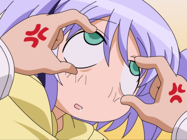 Anime picture 1600x1200 with bokusatsu tenshi dokuro-chan mitsukai dokuro fringe open mouth hair between eyes green eyes purple hair looking up close-up face vector pov unconscious girl