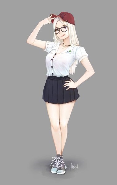 Anime picture 1299x2048 with original mio (jubi) jubi (regiana) single long hair tall image looking at viewer breasts simple background blonde hair large breasts standing brown eyes signed full body pleated skirt arm up grey background bare legs short sleeves