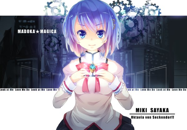 Anime picture 1268x880 with mahou shoujo madoka magica shaft (studio) miki sayaka single short hair blue eyes blue hair light smile girl bow serafuku