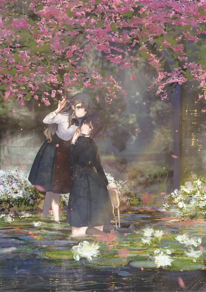 Anime picture 1454x2057 with original kippu long hair tall image looking at viewer blush short hair black hair brown hair multiple girls green eyes bent knee (knees) outdoors pink eyes wet no shoes kneeling partially submerged cherry blossoms holding hands