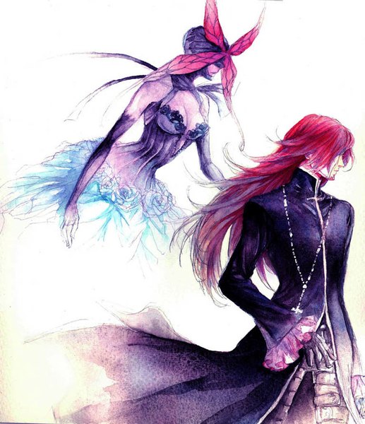 Anime picture 768x890 with d.gray-man cross marian grave of maria nori no moto long hair tall image fringe breasts standing white background cleavage red hair profile hair over one eye wide sleeves weightlessness traditional media watercolor (medium) dress boy