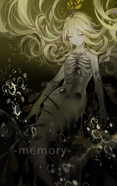 Anime picture 2192x3460 with original longyu single long hair tall image fringe highres blonde hair hair between eyes eyes closed inscription floating hair underwater monster girl skeleton girl bubble (bubbles) mermaid