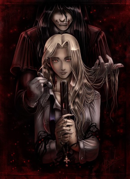 Anime picture 900x1234 with hellsing alucard (hellsing) integra wingates hellsing pu-sama long hair tall image breasts black hair blonde hair smile red eyes large breasts lips open clothes teeth fang (fangs) open shirt glowing dark background glowing eye (eyes)