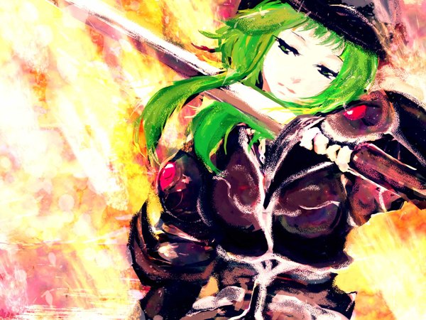 Anime picture 2000x1500 with vocaloid gumi meola single long hair highres green eyes looking away green hair girl weapon sword