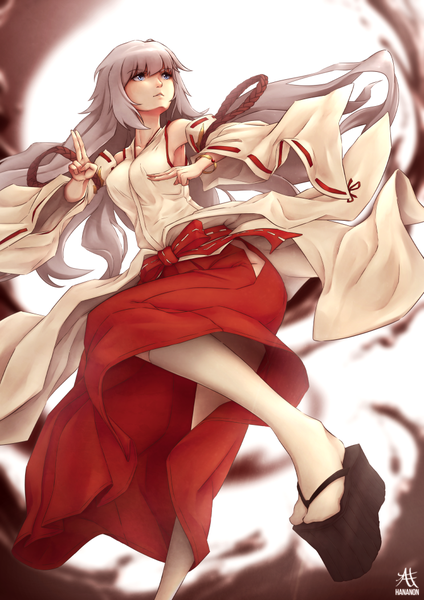 Anime picture 744x1052 with original thousand characters project (hananon) izumi (thousand characters project) hananon single long hair tall image fringe breasts blue eyes looking away traditional clothes japanese clothes grey hair girl detached sleeves shoes