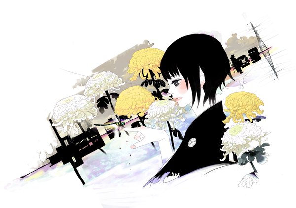 Anime picture 1684x1190 with original temoshi (artist) blush highres short hair black hair grey eyes silhouette girl flower (flowers) insect