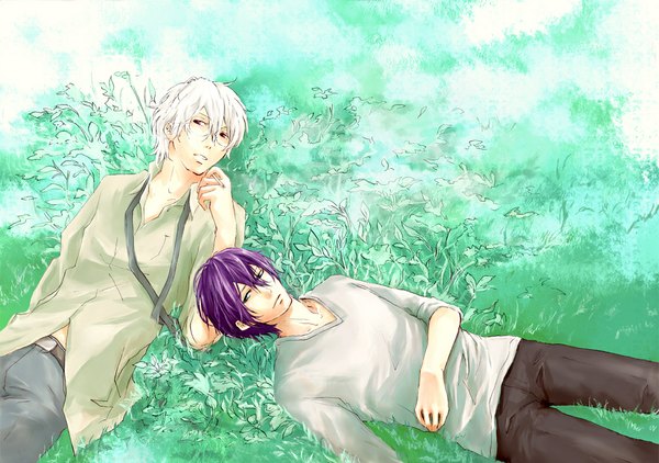 Anime picture 1137x800 with gintama sunrise (studio) sakata gintoki takasugi shinsuke yuka (artist) red eyes green eyes silver hair purple hair lying reclining open collar nature boy plant (plants) necktie grass collar