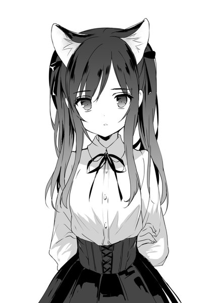 Anime picture 800x1131 with original hashimoto mari single long hair tall image looking at viewer black hair simple background white background twintails animal ears parted lips cat ears cat girl monochrome hands behind back lacing girl skirt shirt