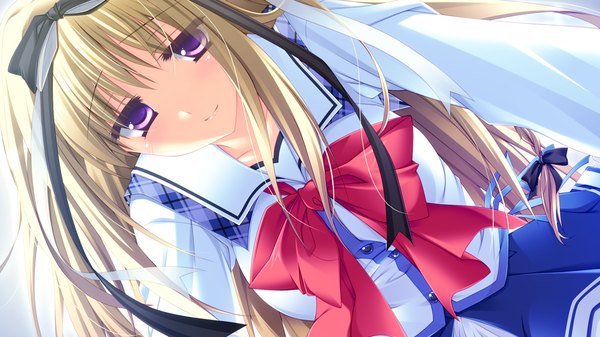 Anime picture 1024x576 with strawberry nauts suzunae houmi long hair looking at viewer blonde hair wide image purple eyes game cg girl uniform bow ribbon (ribbons) hair ribbon school uniform
