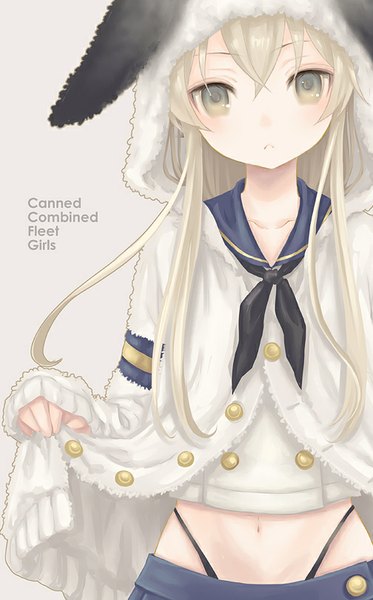 Anime picture 504x809 with kantai collection shimakaze destroyer kotobuki-a single long hair tall image looking at viewer fringe blue eyes blonde hair holding girl flower (flowers) hood buttons