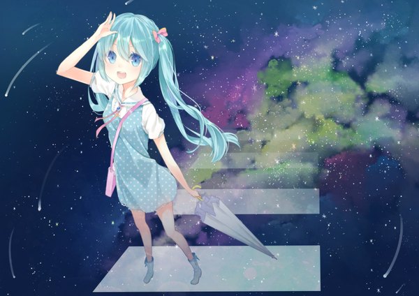 Anime picture 1684x1191 with vocaloid hatsune miku tika (mika4975) single long hair looking at viewer blush open mouth blue eyes twintails from above aqua hair polka dot space closed umbrella crosswalk girl dress umbrella bag