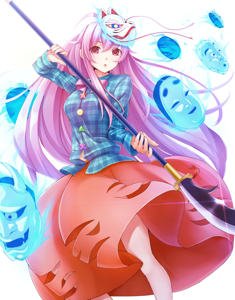 Anime picture 1000x1272 with touhou hata no kokoro dabadhi single tall image simple background red eyes white background pink hair very long hair torn clothes magic mask on head girl dress weapon bowtie mask fox mask naginata