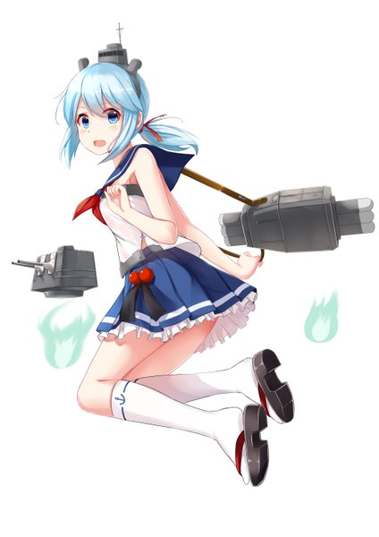Anime picture 4133x5846 with allenes single long hair tall image looking at viewer blush highres open mouth blue eyes simple background white background blue hair absurdres girl skirt hair ornament weapon socks white socks sailor suit