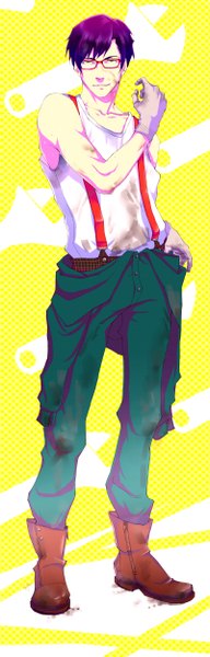 Anime picture 1600x5000 with lorenamgrim single tall image looking at viewer short hair simple background green eyes purple hair light smile sweat yellow background dirty boy gloves glasses boots suspenders pink gloves wrench