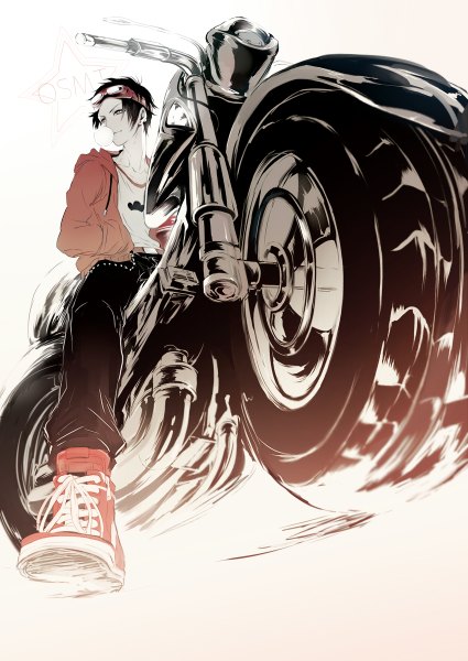 Anime picture 850x1200 with osomatsu-san matsuno osomatsu asarai single tall image short hair black hair simple background smile red eyes looking away hands in pockets goggles on head boy shoes hood t-shirt hoodie ground vehicle goggles