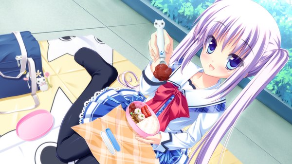 Anime picture 1024x576 with strawberry nauts kusunoki yao matsushita makako single long hair looking at viewer blush open mouth blue eyes smile wide image sitting twintails game cg purple hair loli girl uniform school uniform food