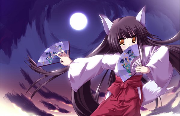 Anime picture 1181x767 with original safi (artist) single long hair looking at viewer black hair brown eyes animal ears sky cloud (clouds) tail traditional clothes japanese clothes animal tail night fox ears fox tail fox girl miko covered mouth