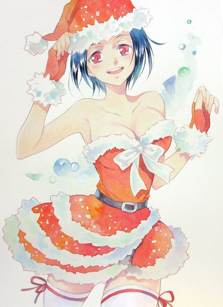 Anime picture 725x998 with idolmaster miura azusa agahari single tall image blush short hair open mouth black hair simple background red eyes bare shoulders looking away cleavage :d fur trim christmas traditional media watercolor (medium) girl