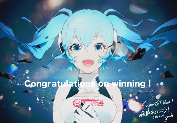 Anime picture 1437x1000 with vocaloid goodsmile racing hatsune miku racing miku racing miku (2014) oguchi (sugimoto gang) single looking at viewer open mouth blue eyes twintails blue hair wind aqua hair inscription tears text english girl gloves