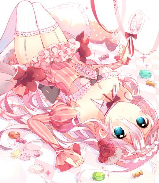 Anime picture 1559x1800 with vocaloid ia (vocaloid) ikari (aor3507) single long hair tall image looking at viewer blue eyes bare shoulders holding pink hair lying long sleeves puffy sleeves striped polka dot checkered floor floor girl thighhighs