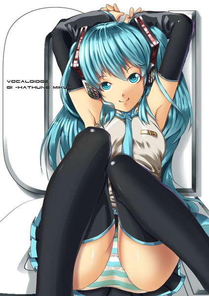 Anime picture 1280x1810 with vocaloid hatsune miku kimmt (artist) single long hair tall image light erotic twintails aqua eyes aqua hair armpit (armpits) pantyshot sitting girl thighhighs underwear panties black thighhighs detached sleeves necktie