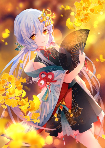 Anime picture 992x1402 with vocaloid vocaloid china yuezheng ling yu jiu single long hair tall image looking at viewer fringe smile hair between eyes standing twintails holding yellow eyes blue hair traditional clothes low twintails lens flare chinese clothes