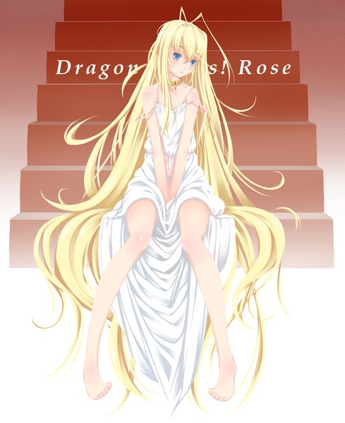 Anime picture 1834x2247 with dragon crisis! rose (dragon crisis) takano suzu (artist) single long hair tall image blush highres blue eyes blonde hair sitting bare shoulders ahoge girl sundress stairs