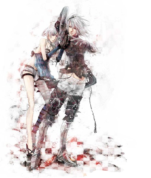 Anime picture 1275x1500 with nier kaine (nier) nier (young) tall image fringe short hair silver hair braid (braids) looking back side braid checkered floor silver eyes girl boy gloves bow boots belt thigh boots chain