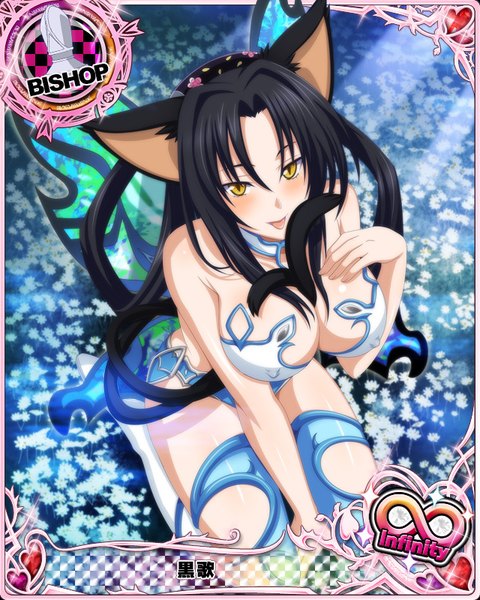 Anime picture 640x800 with highschool dxd kuroka (high school dxd) single long hair tall image looking at viewer blush breasts light erotic black hair large breasts animal ears yellow eyes tail animal tail cat ears cat girl cat tail card (medium) insect wings