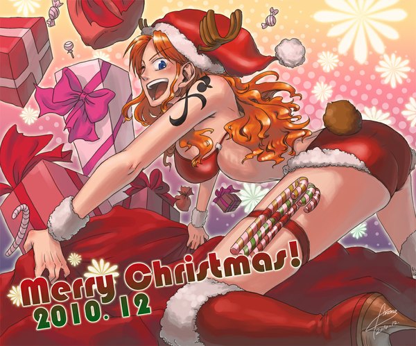 Anime picture 1000x833 with one piece toei animation nami (one piece) single long hair open mouth blue eyes light erotic signed ass horn (horns) orange hair tattoo legs christmas girl boots bikini top gift candy