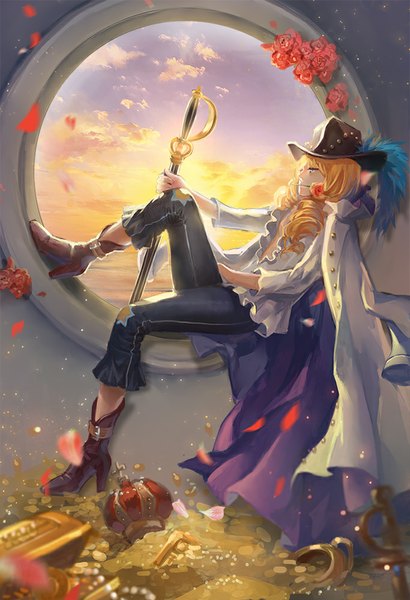 Anime picture 683x1000 with one piece toei animation cavendish dywx poison single long hair tall image blue eyes blonde hair sitting holding looking away sky cloud (clouds) profile high heels mouth hold drill hair flower in mouth boy