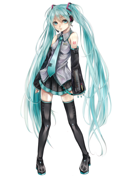 Anime picture 1000x1412 with vocaloid hatsune miku shio tsuitta single tall image looking at viewer smile twintails very long hair aqua eyes aqua hair girl skirt detached sleeves necktie headphones thigh boots