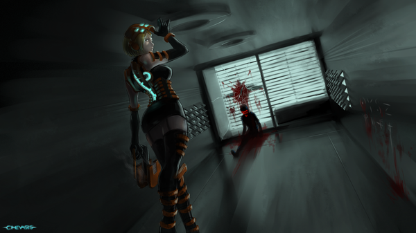 Anime picture 1920x1080 with dead space chevasis (artist) highres short hair blonde hair wide image bare shoulders green eyes ass looking back from behind back death guro girl thighhighs gloves weapon miniskirt elbow gloves
