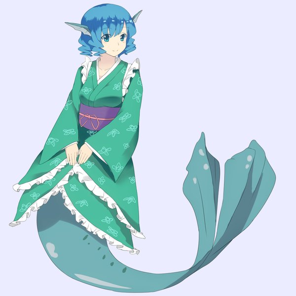Anime picture 2000x2000 with touhou wakasagihime tagme (artist) single blush fringe highres short hair blue eyes simple background smile blue hair looking away traditional clothes japanese clothes wavy hair girl ribbon (ribbons) mermaid