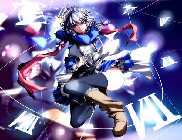 Anime picture 1100x850 with touhou izayoi sakuya xefy (artist) single red eyes silver hair maid girl thighhighs weapon black thighhighs boots headdress scarf maid headdress knife dagger